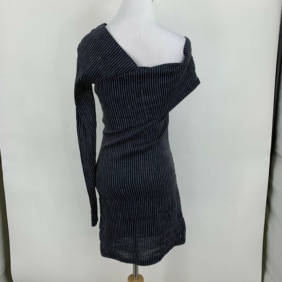 Beaufille Pinstripe One Sleeve Canopy Dress Size 4 Navy Linen Blend Stretch - Picture 6 of 13